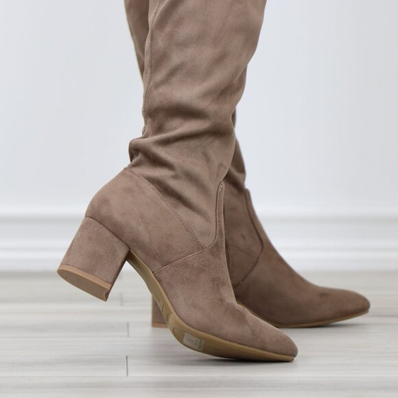 Taupe Thigh High Over The Knee Low Block Heel Boots Faux Suede Pointy Toe - Picture 5 of 15